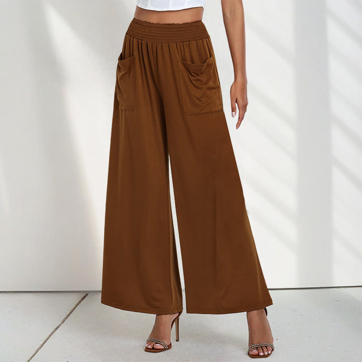 Pantalones anchos de poliéster para mujer, informales, de cintura alta, lisos y holgados, con bolsillos y estampado de Buddha Stones - Marrón silla de montar - US12, UK/AU16, EU44 (2XL) - image 7