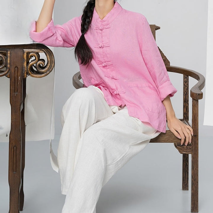 Buddha Stones Camisas de lino de manga larga con botones de rana y bolsillos para mujer en color liso - image 3