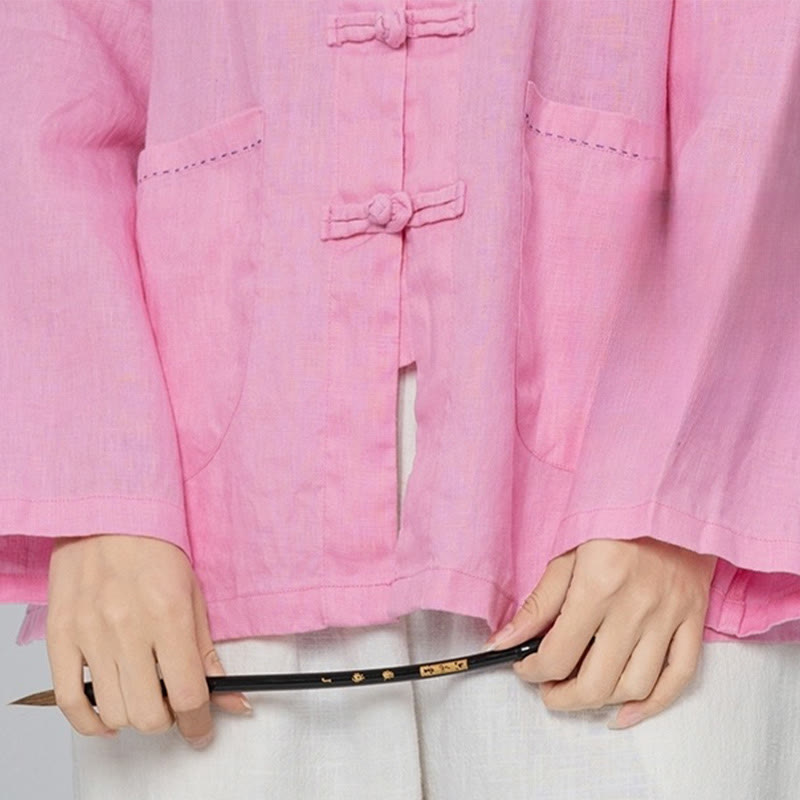 Buddha Stones Camisas de lino de manga larga con botones de rana y bolsillos para mujer en color liso - image 5