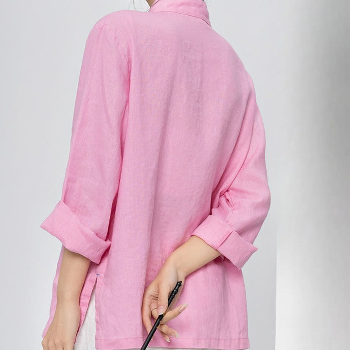 Buddha Stones Camisas de lino de manga larga con botones de rana y bolsillos para mujer en color liso - image 2