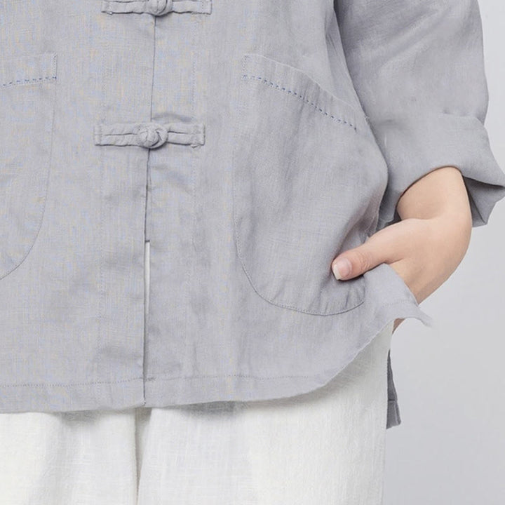 Buddha Stones Camisas de lino de manga larga con botones de rana y bolsillos para mujer en color liso - image 10