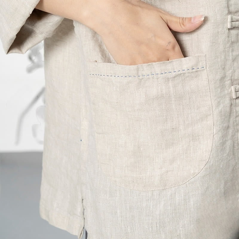 Buddha Stones Camisas de lino de manga larga con botones de rana y bolsillos para mujer en color liso - image 17