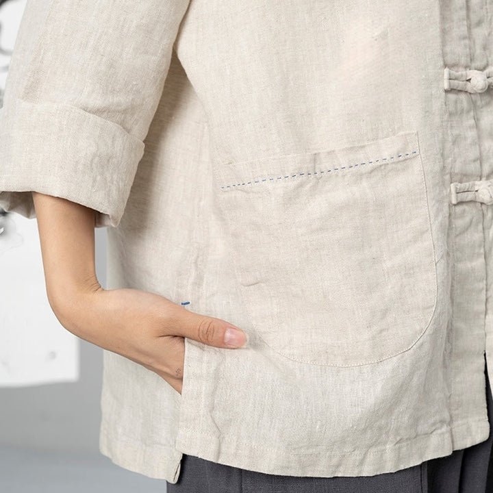 Buddha Stones Camisas de lino de manga larga con botones de rana y bolsillos para mujer en color liso - image 15