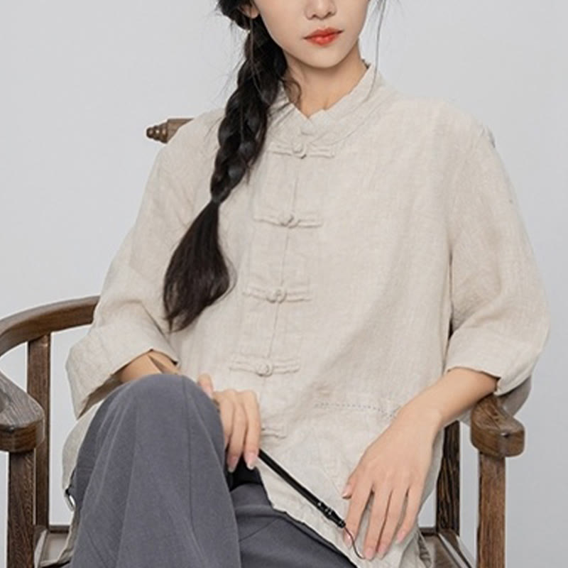 Buddha Stones Camisas de lino de manga larga con botones de rana y bolsillos para mujer en color liso - image 16