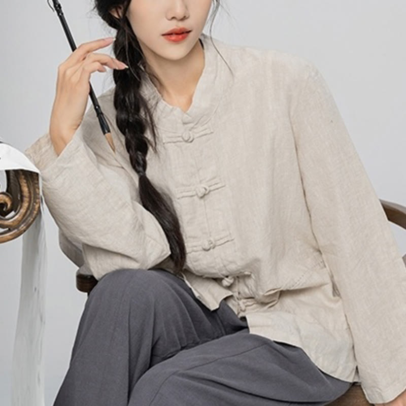 Buddha Stones Camisas de lino de manga larga con botones de rana y bolsillos para mujer en color liso - image 19