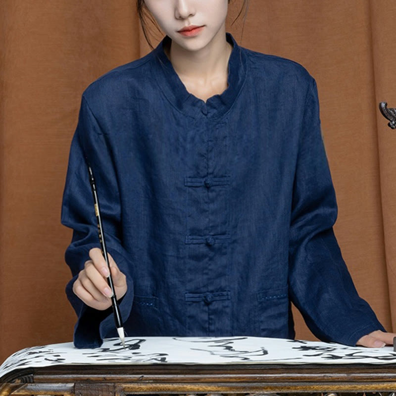 Buddha Stones Camisas de lino de manga larga con botones de rana y bolsillos para mujer en color liso - Azul pizarra oscuro - US4，UK/AU8，EU36 (L) - image 28