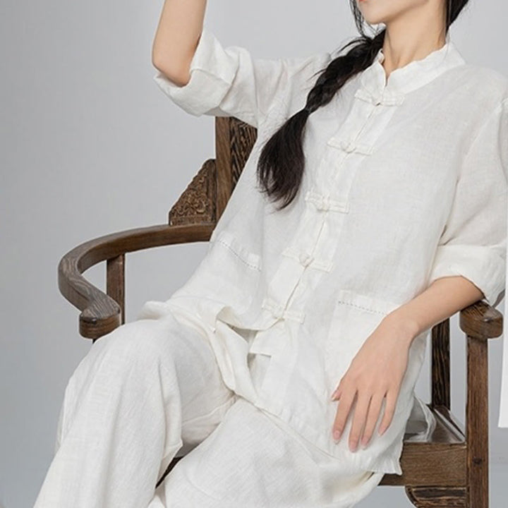 Buddha Stones Camisas de lino de manga larga con botones de rana y bolsillos para mujer en color liso - image 21