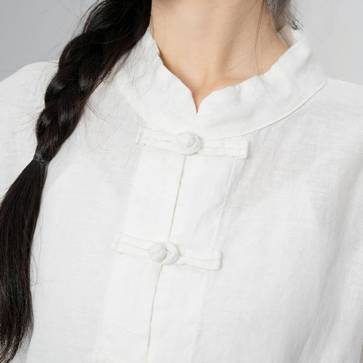 Buddha Stones Camisas de lino de manga larga con botones de rana y bolsillos para mujer en color liso - image 24