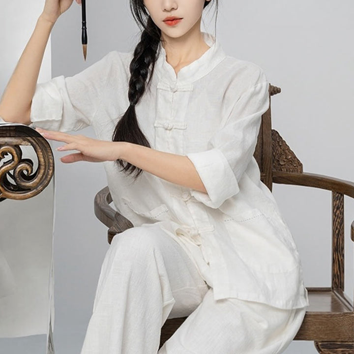 Buddha Stones Camisas de lino de manga larga con botones de rana y bolsillos para mujer en color liso - image 26