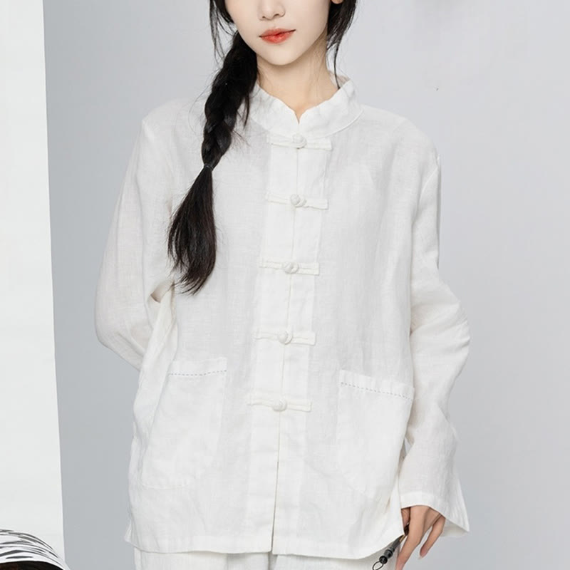 Buddha Stones Camisas de lino de manga larga con botones de rana y bolsillos para mujer en color liso - Blanco - US4，UK/AU8，EU36 (L) - image 20