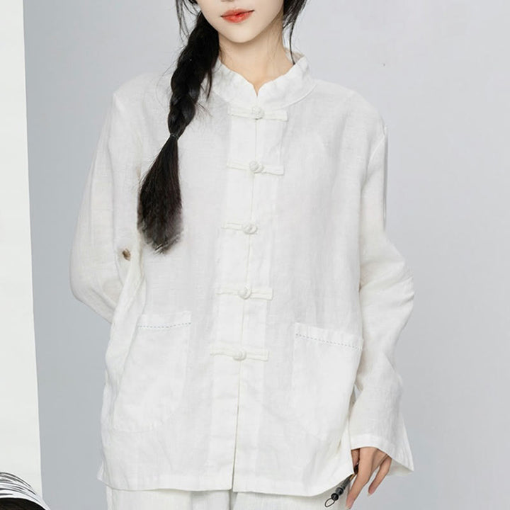 Buddha Stones Camisas de lino de manga larga con botones de rana y bolsillos para mujer en color liso - image 23
