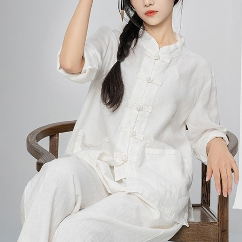 Buddha Stones Camisas de lino de manga larga con botones de rana y bolsillos para mujer en color liso - image 25