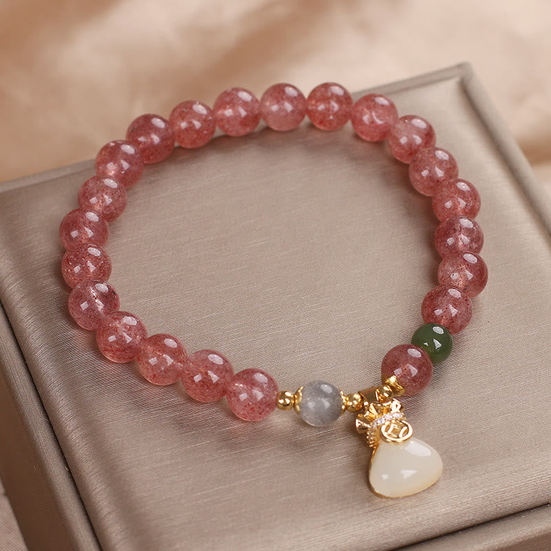 Pulsera positiva con dije de bolsa de dinero de cuarzo fresa natural con Buddha Stones
