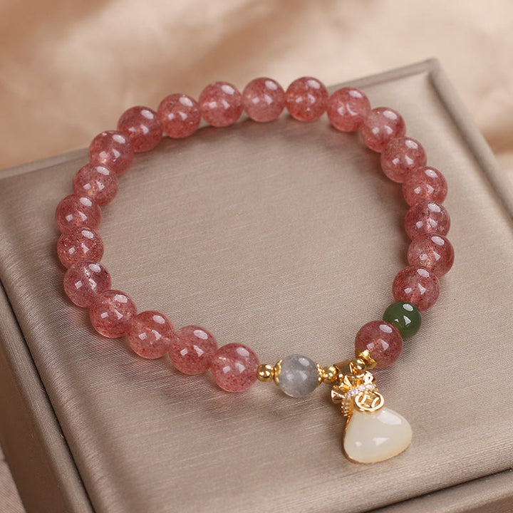 Pulsera positiva con dije de bolsa de dinero de cuarzo fresa natural con Buddha Stones