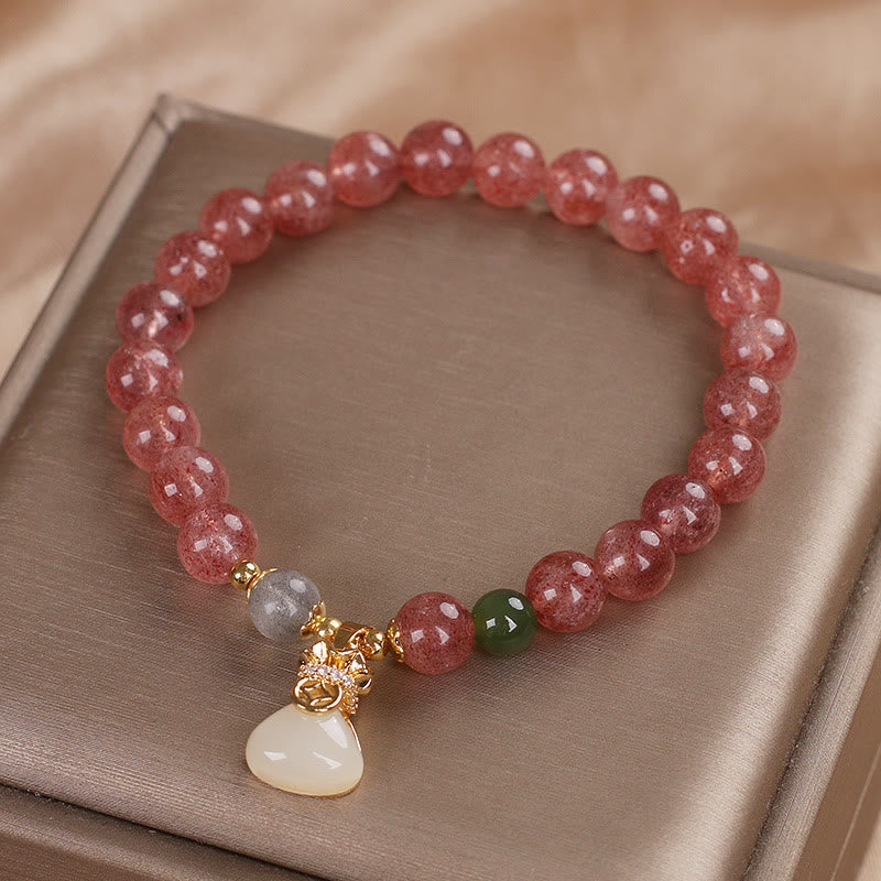 Pulsera positiva con dije de bolsa de dinero de cuarzo fresa natural con Buddha Stones