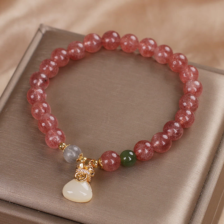 Pulsera positiva con dije de bolsa de dinero de cuarzo fresa natural con Buddha Stones