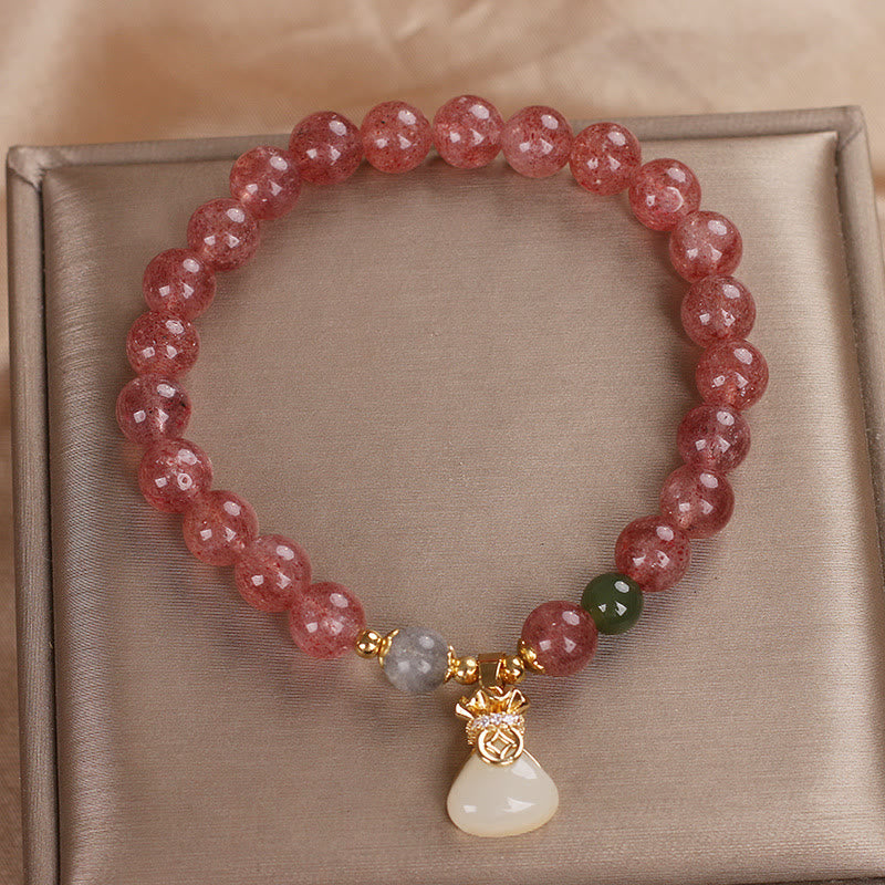 Pulsera positiva con dije de bolsa de dinero de cuarzo fresa natural con Buddha Stones