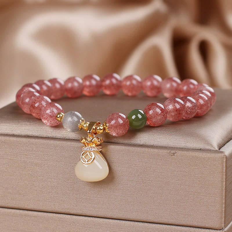 Pulsera positiva con dije de bolsa de dinero de cuarzo fresa natural con Buddha Stones