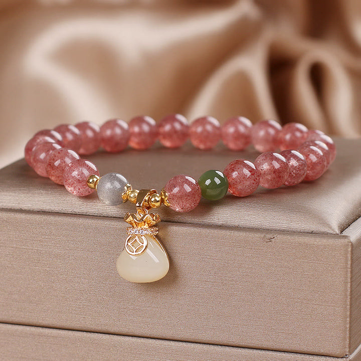 Pulsera positiva con dije de bolsa de dinero de cuarzo fresa natural con Buddha Stones