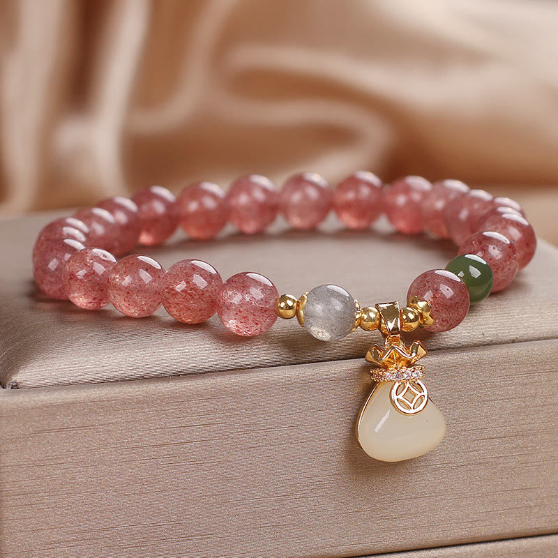 Pulsera positiva con dije de bolsa de dinero de cuarzo fresa natural con Buddha Stones