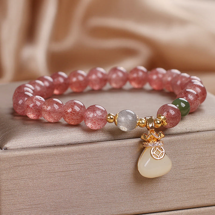 Pulsera positiva con dije de bolsa de dinero de cuarzo fresa natural con Buddha Stones
