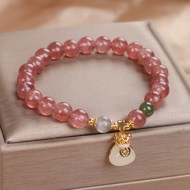 Pulsera positiva con dije de bolsa de dinero de cuarzo fresa natural con Buddha Stones