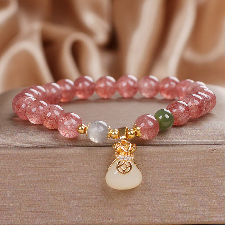 Pulsera positiva con dije de bolsa de dinero de cuarzo fresa natural con Buddha Stones