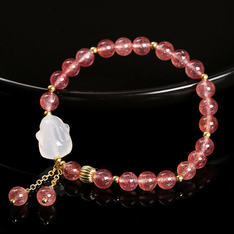 Pulsera de curación de conejos de ágata y cuarzo fresa natural con Buddha Stones
