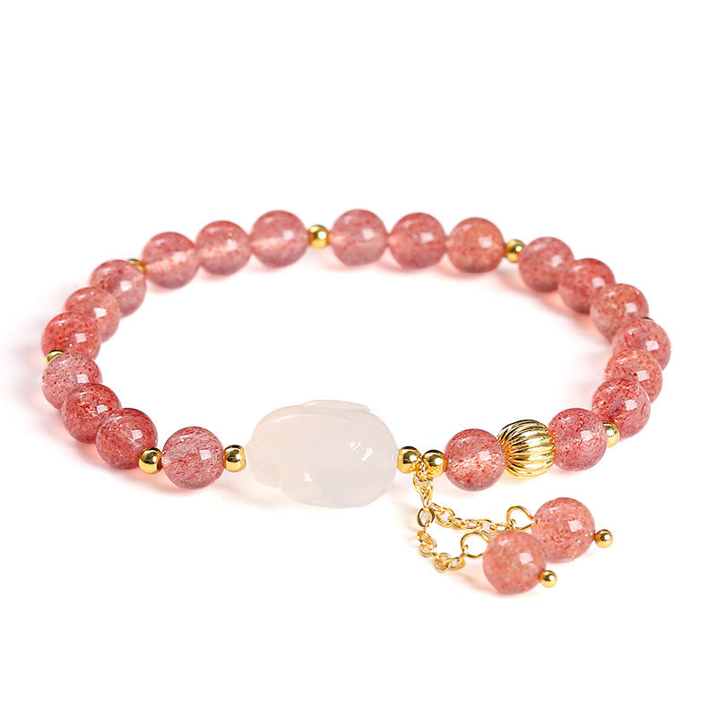 Pulsera de curación de conejos de ágata y cuarzo fresa natural con Buddha Stones