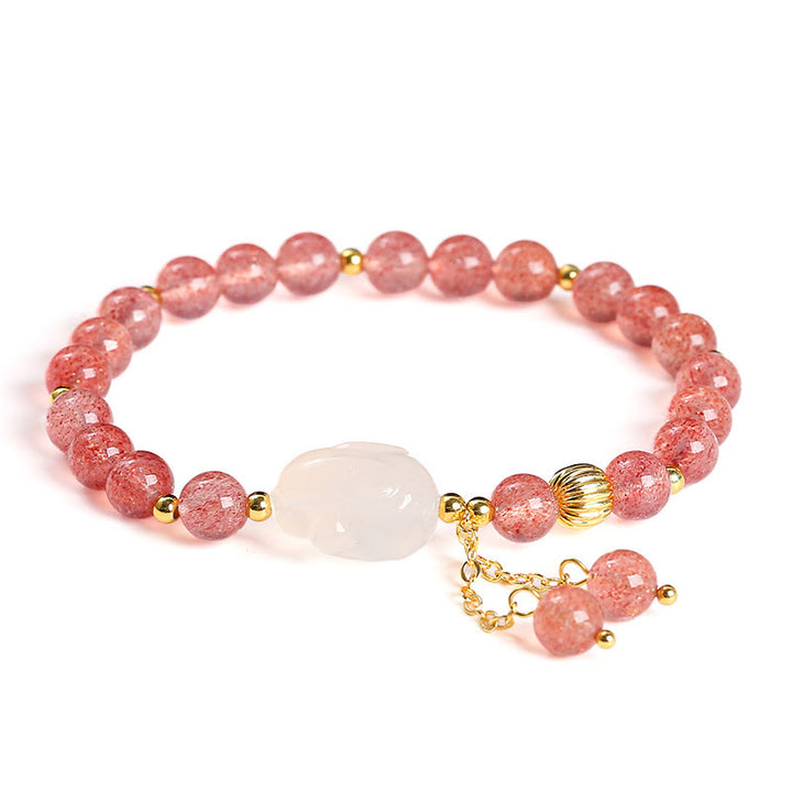 Pulsera de curación de conejos de ágata y cuarzo fresa natural con Buddha Stones