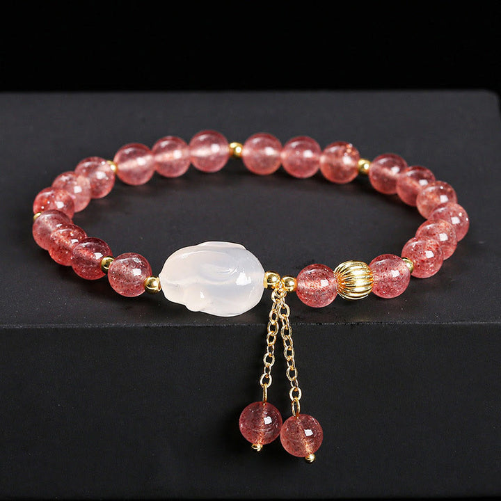 Pulsera de curación de conejos de ágata y cuarzo fresa natural con Buddha Stones