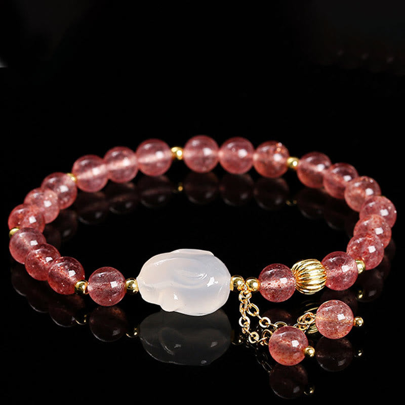 Pulsera de curación de conejos de ágata y cuarzo fresa natural con Buddha Stones