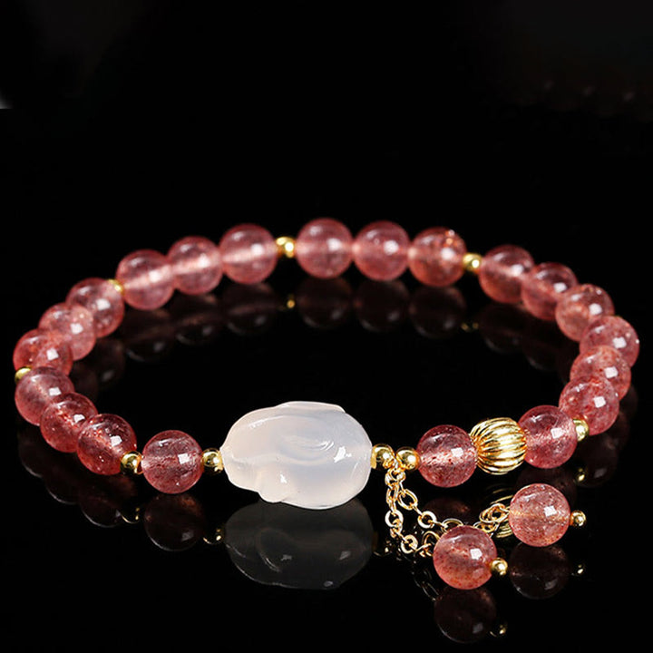 Pulsera de curación de conejos de ágata y cuarzo fresa natural con Buddha Stones