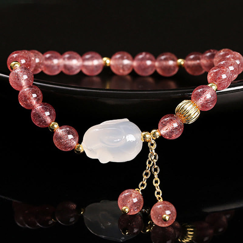 Pulsera de curación de conejos de ágata y cuarzo fresa natural con Buddha Stones