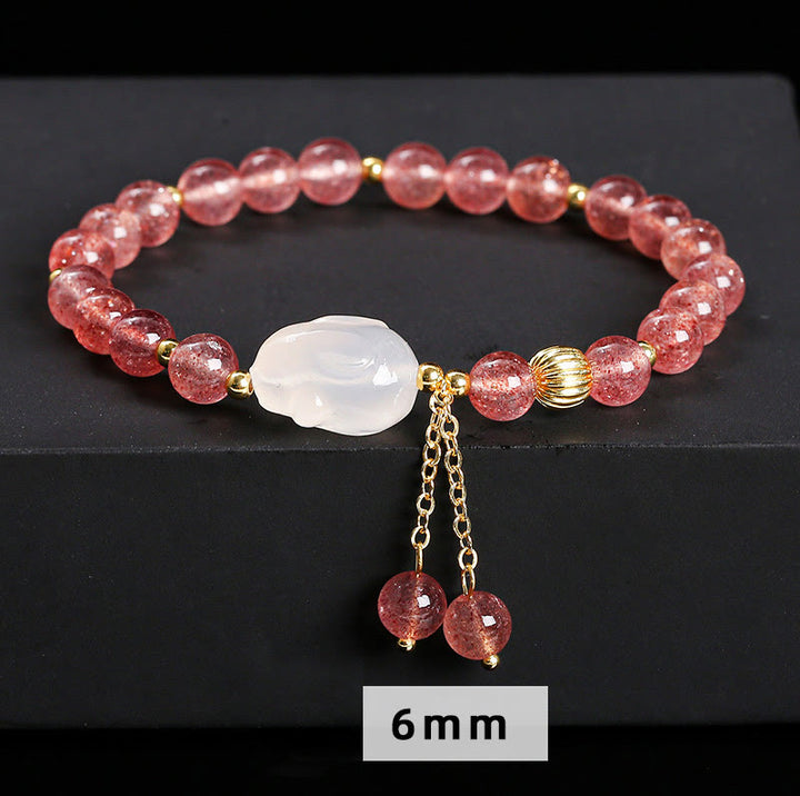 Pulsera de curación de conejos de ágata y cuarzo fresa natural con Buddha Stones
