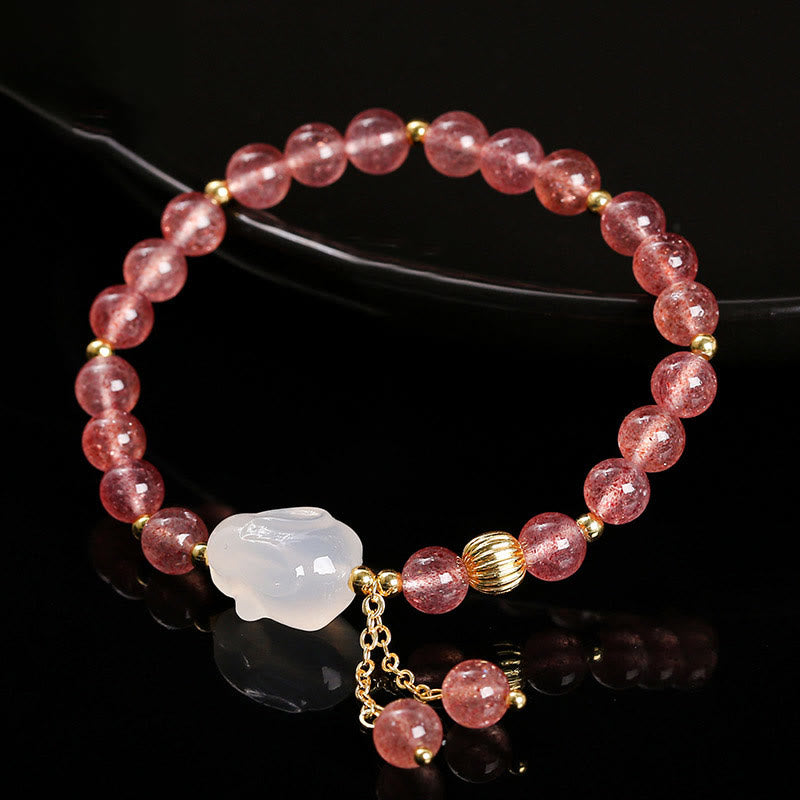 Pulsera de curación de conejos de ágata y cuarzo fresa natural con Buddha Stones
