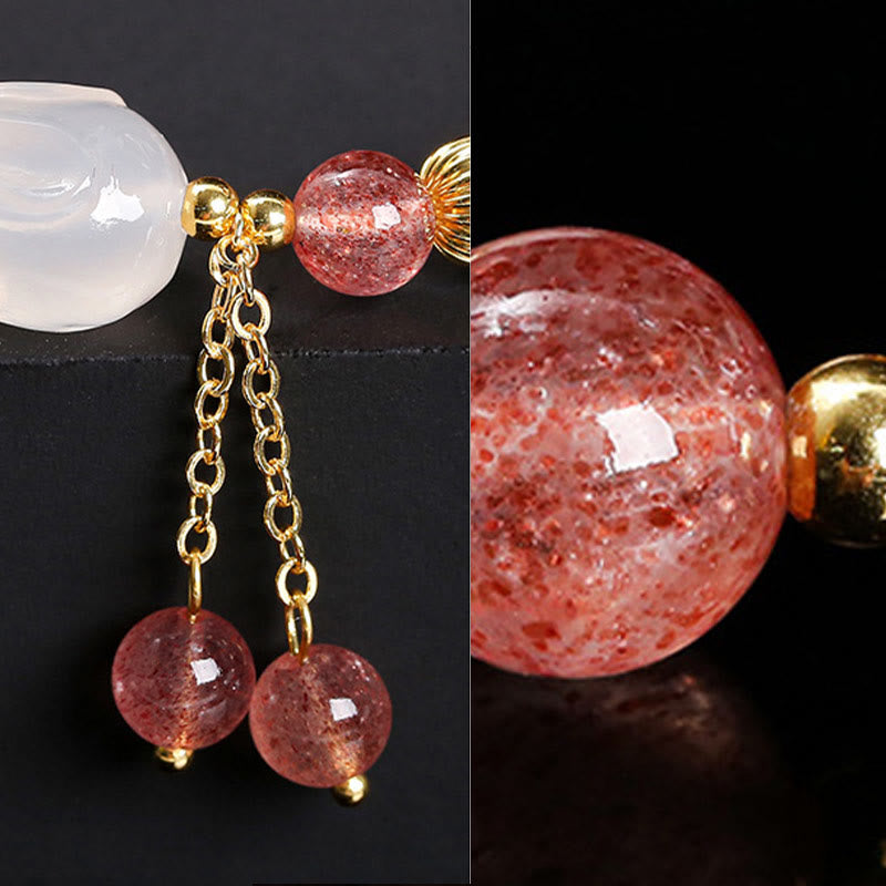 Pulsera de curación de conejos de ágata y cuarzo fresa natural con Buddha Stones