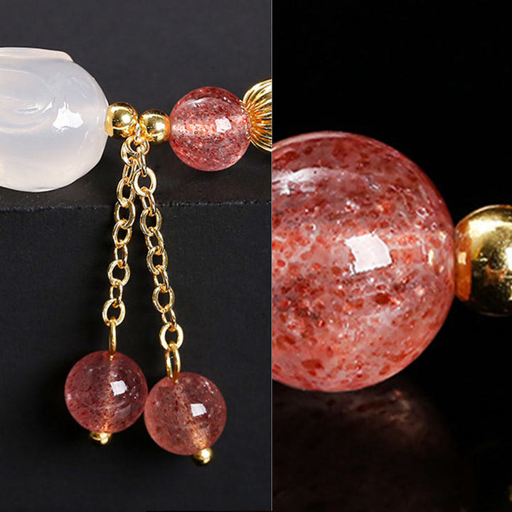 Pulsera de curación de conejos de ágata y cuarzo fresa natural con Buddha Stones