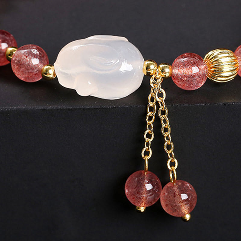 Pulsera de curación de conejos de ágata y cuarzo fresa natural con Buddha Stones