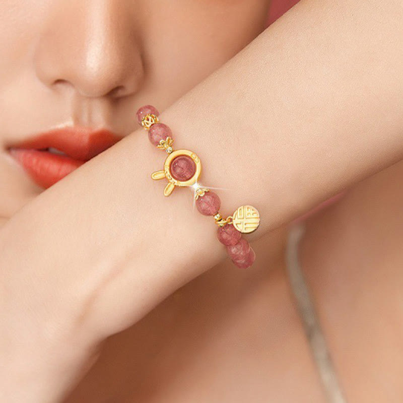 Pulsera con dije de conejo y personaje Fu de cuarzo fresa natural con Buddha Stones