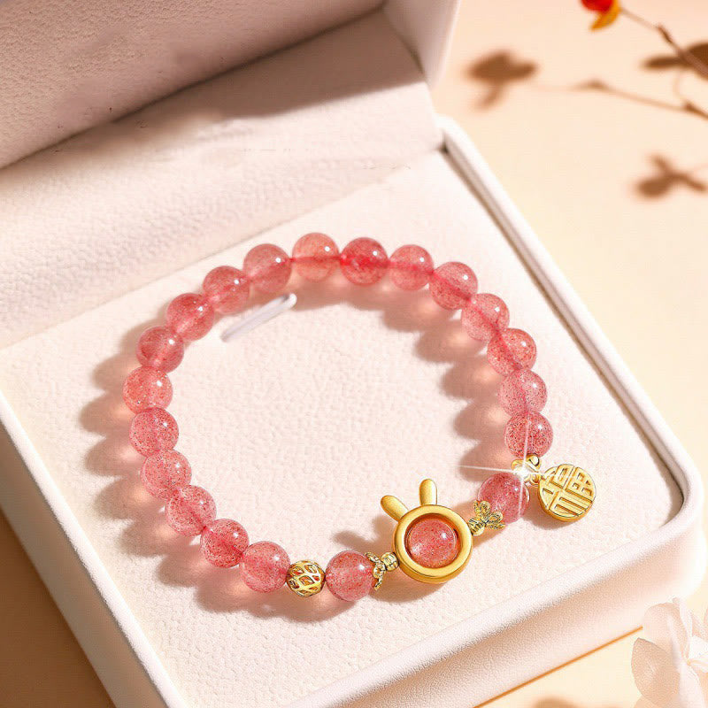 Pulsera con dije de conejo y personaje Fu de cuarzo fresa natural con Buddha Stones
