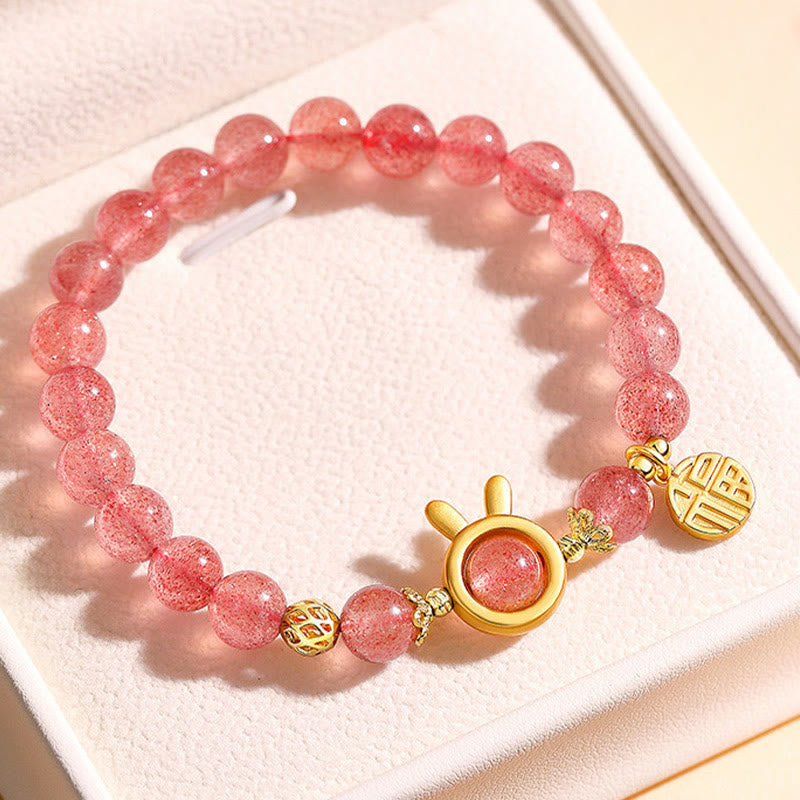 Pulsera con dije de conejo y personaje Fu de cuarzo fresa natural con Buddha Stones