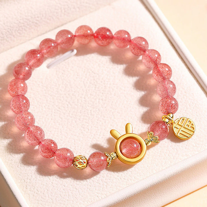 Pulsera con dije de conejo y personaje Fu de cuarzo fresa natural con Buddha Stones