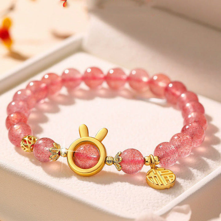 Pulsera con dije de conejo y personaje Fu de cuarzo fresa natural con Buddha Stones
