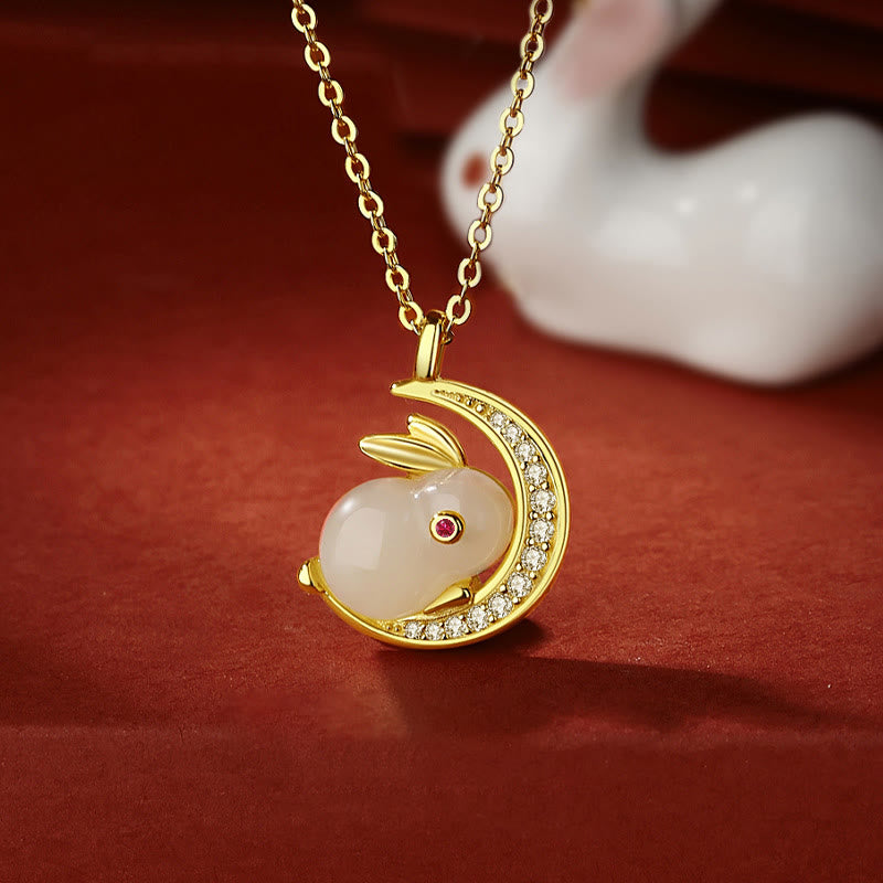 Collar con colgante de luna creciente de conejo de jade blanco hetiano de plata de ley 925 con Buddha Stones - Jade blanco hetiano (protección ♥ felicidad) - image 0