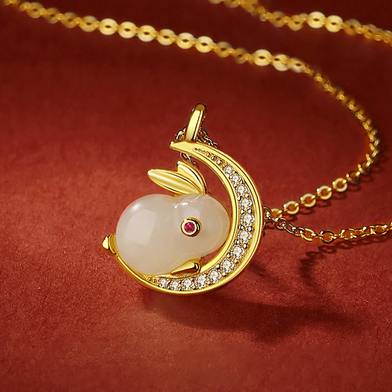 Collar con colgante de luna creciente de conejo de jade blanco hetiano de plata de ley 925 con Buddha Stones - image 1
