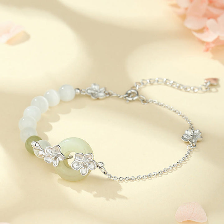 Pulsera de la suerte con hebilla de paz y flor de durazno de jade hetiano natural de plata esterlina 999 con Buddha Stones - Plata (circunferencia de la muñeca 14-20 cm) - image 11