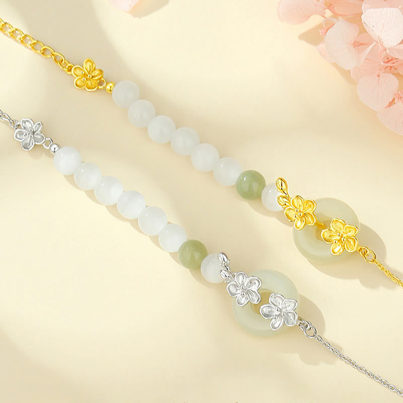 Pulsera de la suerte con hebilla de paz y flor de durazno de jade hetiano natural de plata esterlina 999 con Buddha Stones - image 1