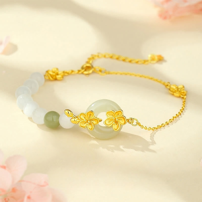 Pulsera de la suerte con hebilla de paz y flor de durazno de jade hetiano natural de plata esterlina 999 con Buddha Stones - Oro (circunferencia de la muñeca: 14-20 cm) - image 0