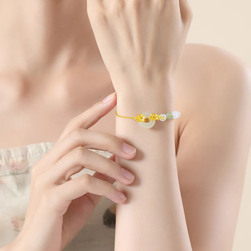 Pulsera de la suerte con hebilla de paz y flor de durazno de jade hetiano natural de plata esterlina 999 con Buddha Stones - image 3